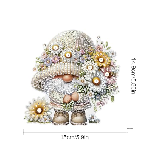 Image of AiYuanzsh Gnome with Daisy Diamond Painting Hanging Kit, 5D DIY Acrylic Special Shaped Diamond Art Pendant Ornament for Wall, Door, or Garden Decor, Spring & Holiday Diamond Art Kit for Adults