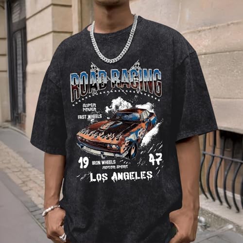 Mens Graphic T-Shirts Oversized Acid Wash Tshirt Vintage Streetwear Shirt Cool Road Racing Printed Tee Los Angeles Top3