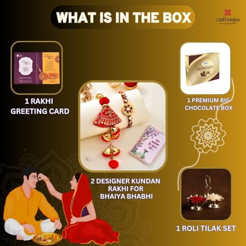 Image of CraftVatika Rakhi Ferrero Chocolate Gift Box for Brother and Bhabhi, Rakhi Combo Set of 2 with Ferrero Moments Chocolates for Brother, Pom Pom Lumba Rakhi, Designer Rakhi with Ferro on Raksha bandhan