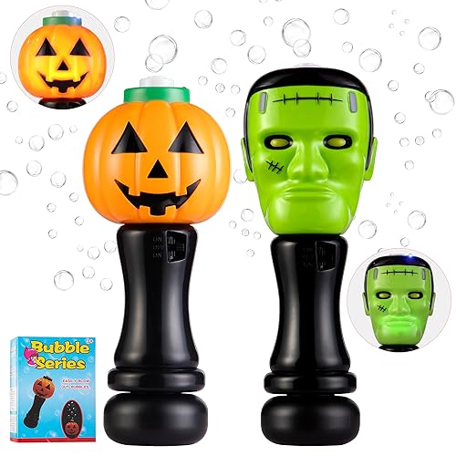 2 PCS Halloween Bubble Wand Toys Gifts for Kids, Light Up Pumpkin and Science Freak Blower Wand with Thrilling LED & Bubble Fluid