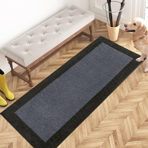 PURRUGS Dirt Trapping Door Mat 24" x 60", Non-Slip/Skid Machine Washable Entryway Rug, Shoes Scraper, Throw Rug, Super Absorbent Area Rug for Muddy Wet Shoes and Paws, Bluish Grey & Charcoal