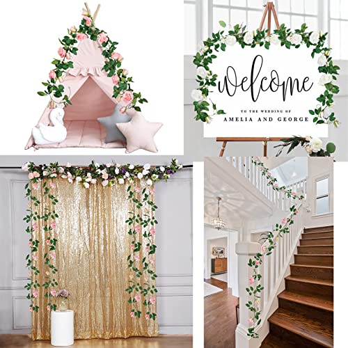 Shacos Artificial Rose Flower Garlands Set Of 2 Realistic Fake Rose Vines Greenery Leaves Rose Hanging Flower Floral Garlands For Wedding Party Backdrop Room Decor (Pink, 2) #TOP5