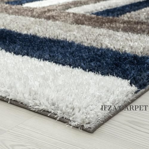 Image of Carpets for Living Room 6 x 9 Feet Soft Smooth Thick Non-Slip Fluffy Shaggy Area Rug for Bedroom, Drawing, Kids Room, Office with Upto 2 Inch Microfiber High Pile (Blue White A)