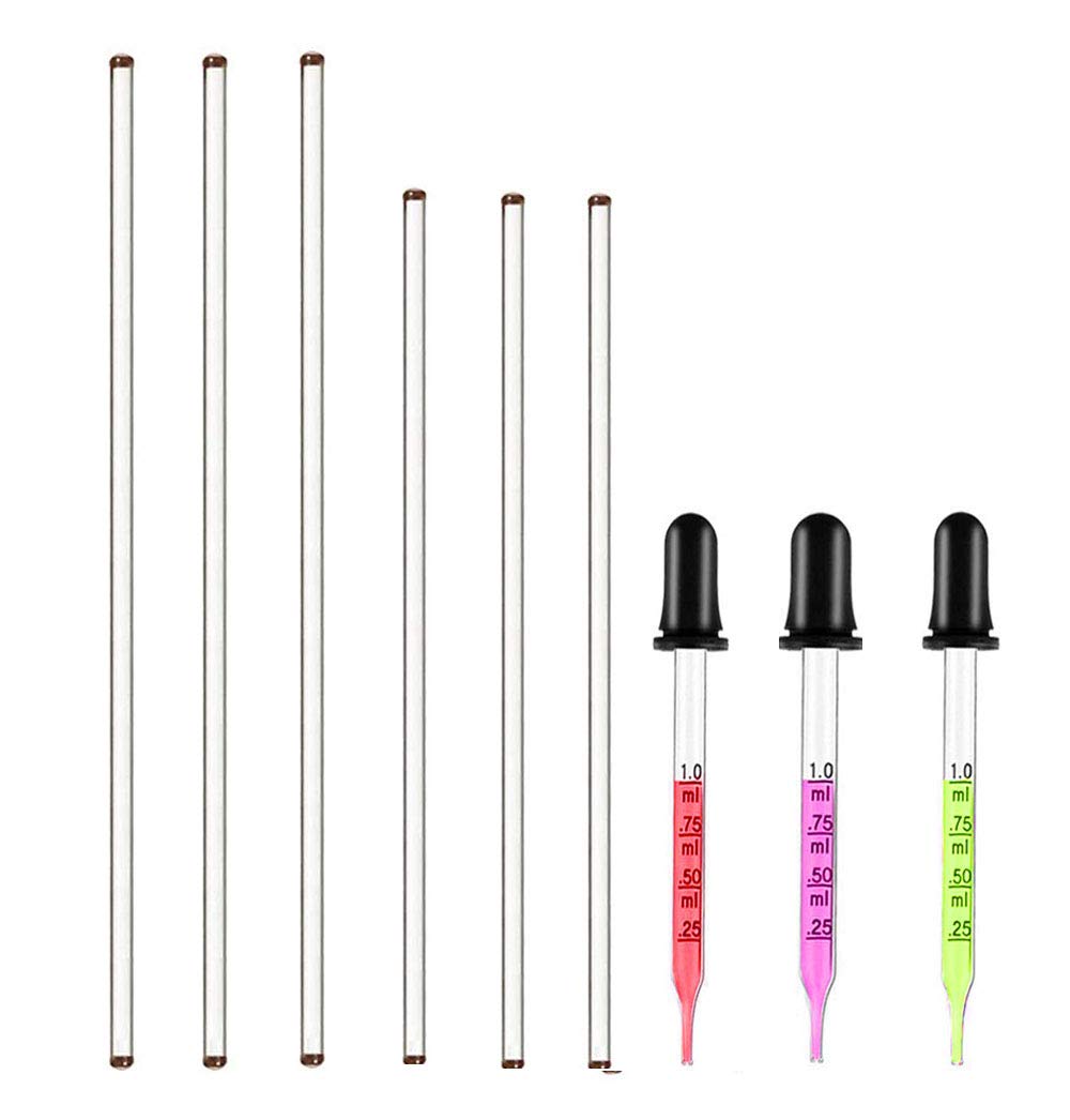 6PCS Glass Stir Sticks Lab Glass Stirring Rod 8"X2 10"X2 with Both Ends Round and 3PCS Glass Graduated Droppers 4"X2 for Science Lab Kitchen Science Education (9)