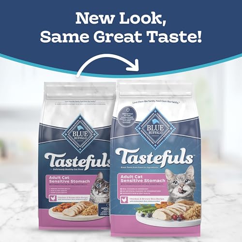 Blue Buffalo Tastefuls Chicken & Brown Rice Recipe Sensitive Stomach Adult Dry Cat Food, Real Chicken First, Deliciously Healthy Natural Cat Food, Natural Ingredients, Supports Digestion, 15-lb Bag