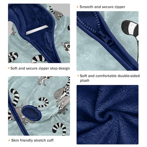 Lemur Pattern on Light Blue Toddler Fleece Jacket Girl Boys Hooded Fleece Jacket Coat Warm Outwear Zip-up 3-10T3