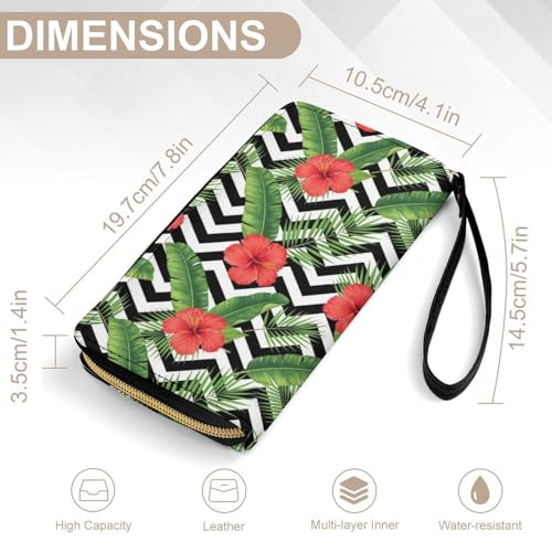High Capacity Travel Wallet for Women, Water-resistant, Great for Everyday Carry, Tropical Palm Leaves Hibiscus2