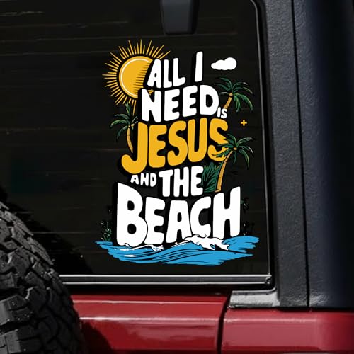 Image of Christian Car Decal All I Need is Jesus and the Beach Sticker - Funny Summer Bible Verse Vinyl Decal, Tropical Palm Tree Bumper Sticker, Faith Gift for Christian Beach Lovers Women