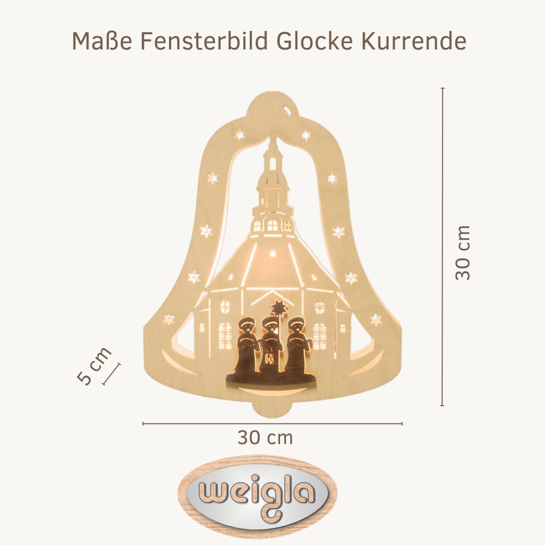 weigla - Fensterbild original Erzgebirge Glocke Kurrende I Weihnachtsdeko Fenster I 1 Lampe I 7 W, E14 I Fensterbild Weihnachten I Weihnachtsbeleuchtung aus Holz I Fensterdeko hängend