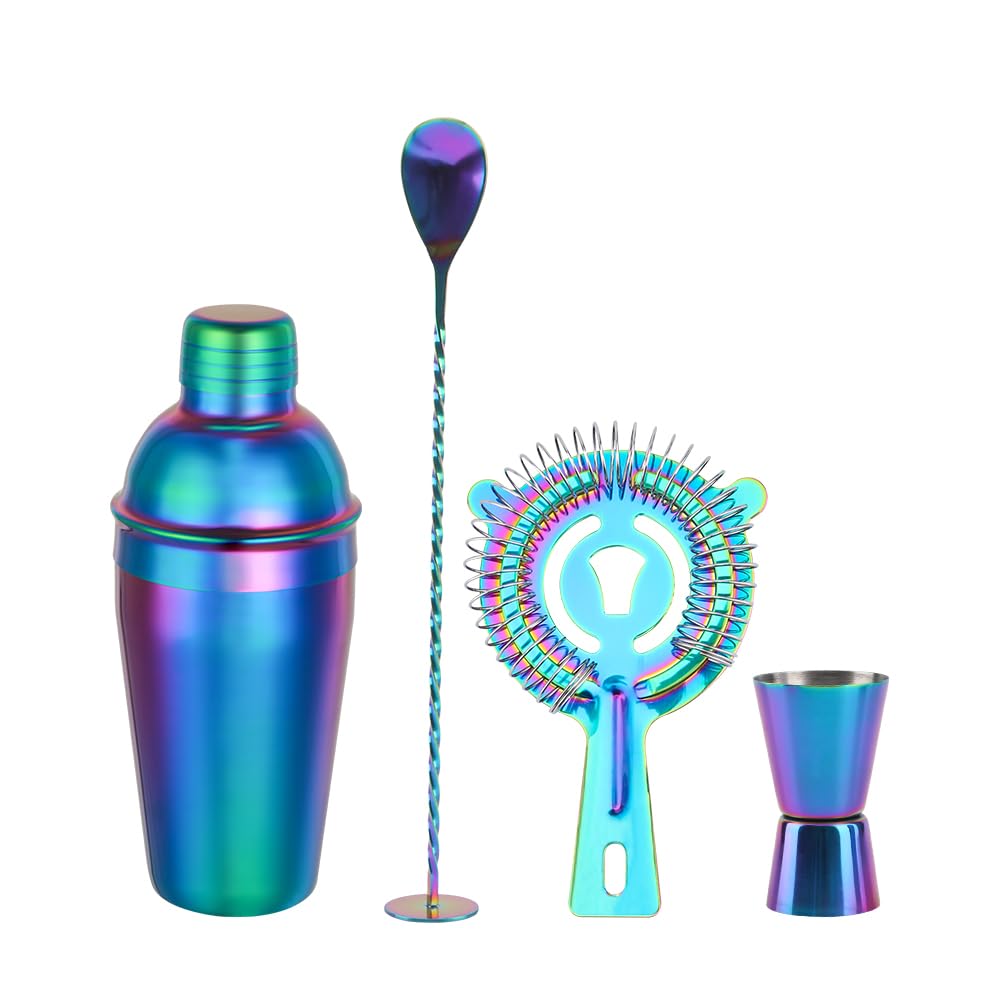 ELEGANTZ Juego de coctelera de lujo – Kit de 4 piezas para barman con coctelera, colador, medidor, cuchara mezcladora – Herramientas de barra de cóctel de acero inoxidable de alta calidad para uso