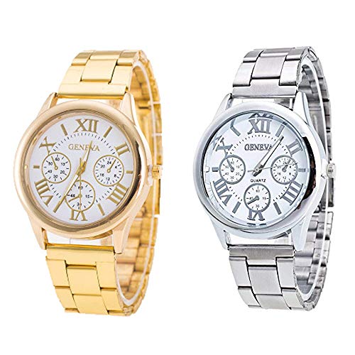 Weicam Women Wholesale 2 Pack Watch Set Roman Numerals Dial with 3 Decorated Small Sub-dials Men Business Stainless Steel Quartz Analog Wrist Watches(White)