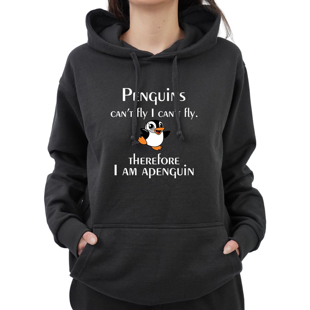 Graphic Impact Funny Penguins Cant Fly I Cant Fly Therefore I Am A Penguin Cute Animal Lovers Novelty Hood Kids Teen Adults Unisex Hoodie(S, Black)