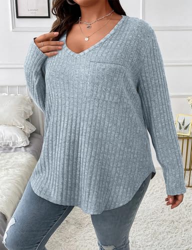 Image of Koscacy Women Plus Size Casual Knit Sweater with Pocket V Neck Solid Color Tops Lightweight Long Sleeve Blouses