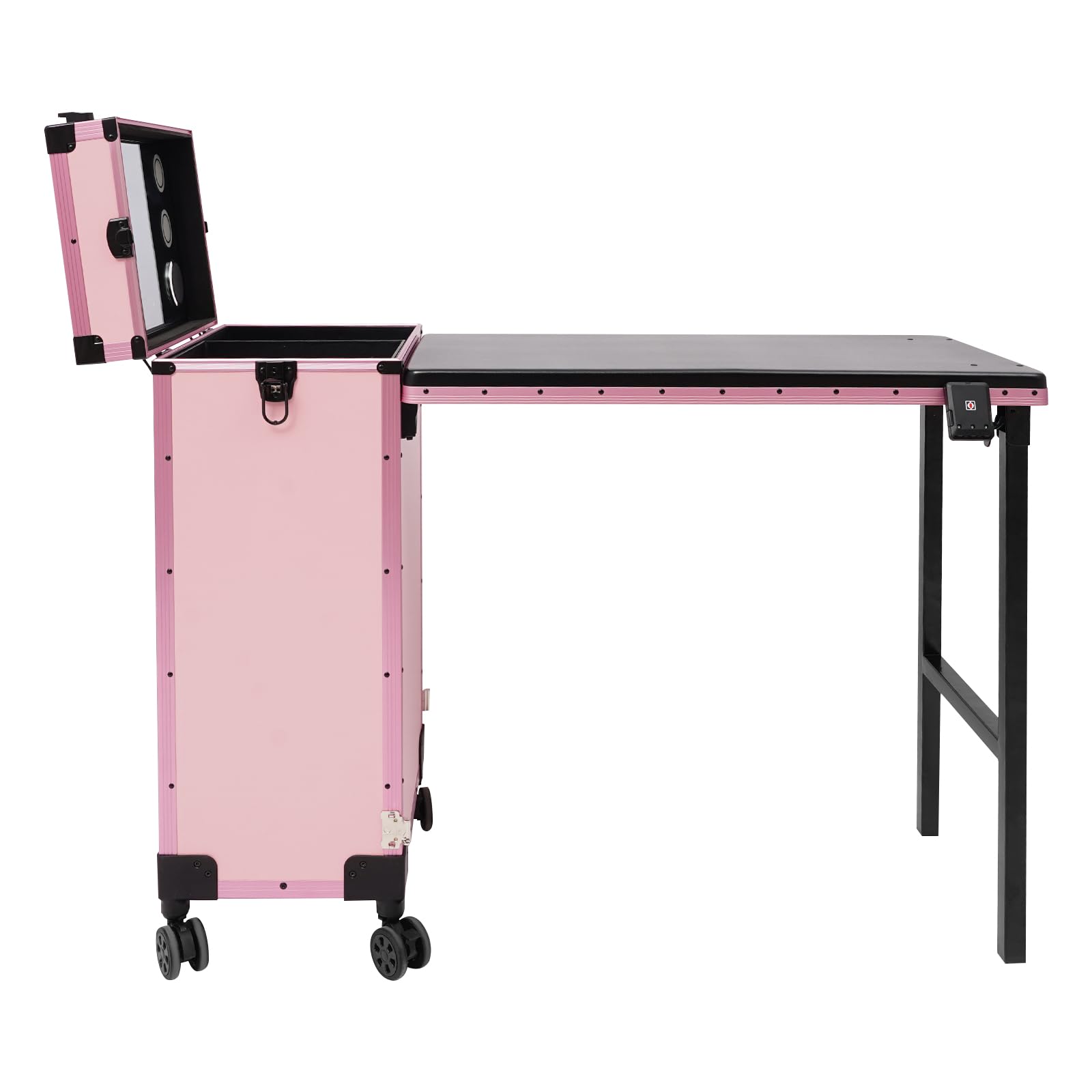 Valigetta cosmetica multifunzione, professionale, con tavolo, specchio LED e 3 cassetti, per truccatori, portata totale 50 kg, rosa