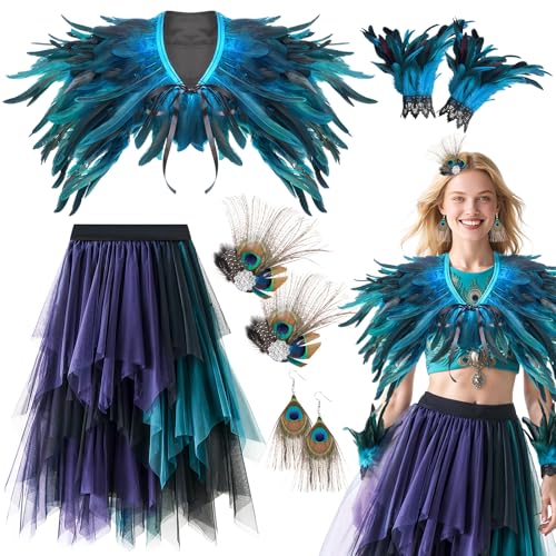 Jokureao 6 Stück Pfau Kostüm Damen Set, Pfau Karneval Kostüm Accessoires mit Umhang aus Pfauenfedern, Federschmuck, Pfauen Feder Set Damen für...