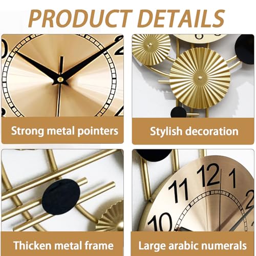 Large Wall Clocks for Living Room,Silent Non Ticking,Battery Operated Oversized Round Modern Wall Clock for Bedroom,Farmhouse,Office Wall Decor-17.8x30.7Inch(Golden) - Image 2