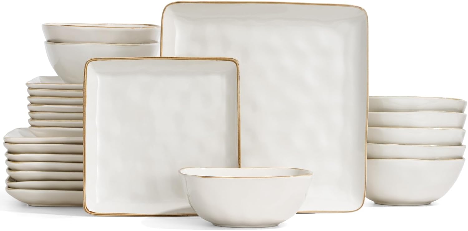 Famiware Dinnerware Sets for 8, Ocean Square 24-Piece Kitchen Plates and Bowls Sets, Microwave and Dishwasher Safe, Scratch Resistant, Vanilla White Vanilla White Set(24pcs)