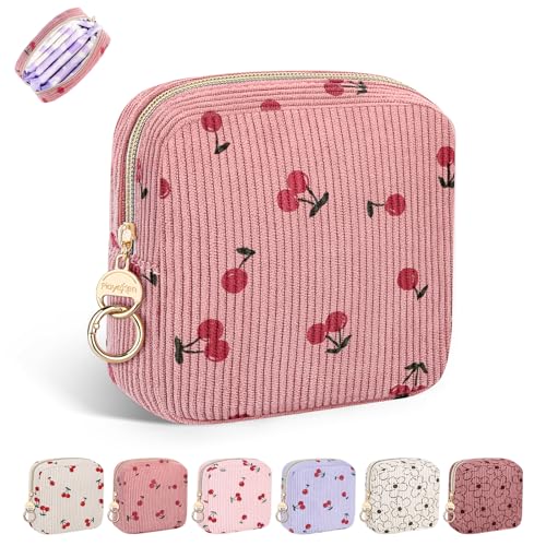 Image of Period Bag for Girls, Corduroy Sanitary Napkin Pouch, C-DPink | Cherry Menstrual Pad Pouches Tampon Holder for Purse, Period Pouches for Storage Sanitary Napkin, Menstrual Cup, Pad, Tampo