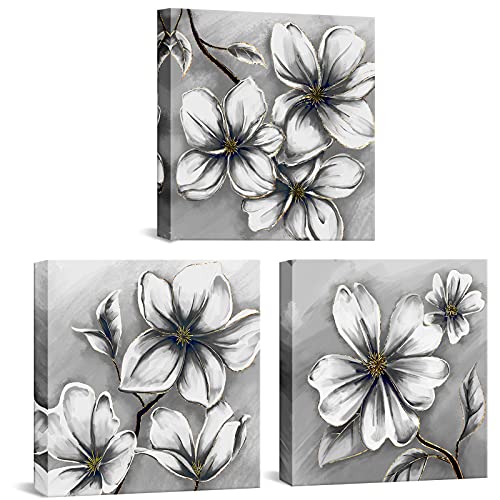 FuShvre Grey Floral Wall Art Grey Flower Pictures for Bathroom Bedroom Wall Decor Framed 12'x12'x3pcs
