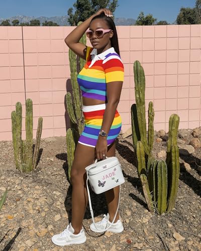 Image of HBQ Women's Casual 2 Piece Skirt Sets Polo Collar Crop Top Striped Mini Dress Summer Vacation-Stripe