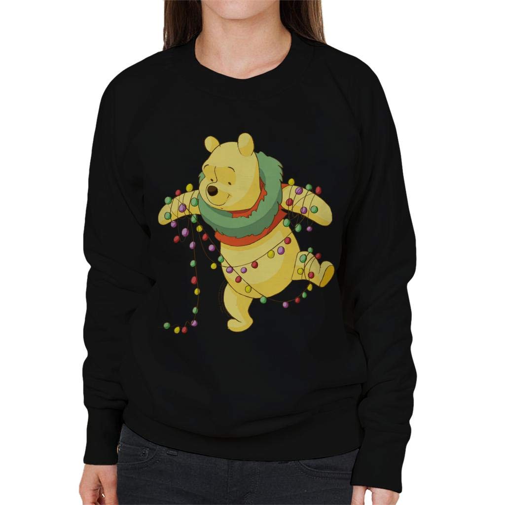 Disney Women's Black Christmas Winnie The Pooh Tangled In Festive Lights Sweatshirt