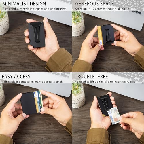Image of Minimalist Carbon Fiber Wallet for Men, Money Clip Cash Strap Wallet, RFID Blocking Metal Wallet Aluminum Card Holder,Front Pocket Wallet(Matte Black)