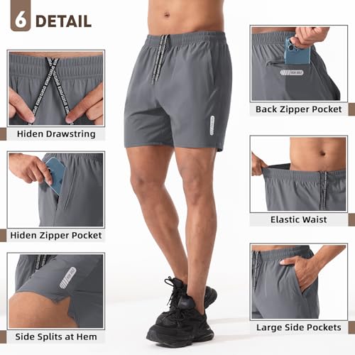 2 Pack Men's Athletic Running Shorts 5" Lightweight Quick Dry Gym Workout Shorts with Hidden Zipper Pocket4