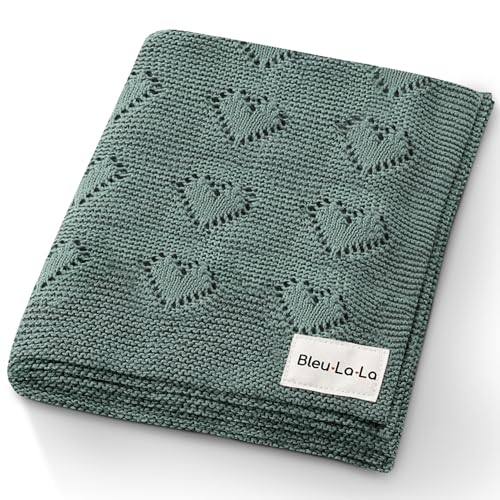 Image of Bleu La La Heirloom Knit Heart Receiving Blanket for Boys and Girls - 100% Luxury Cotton Baby Blanket - Soft Warm Swaddle Receiving Receiving Blanket for Newborns Infants & Toddlers (Hunter Green)