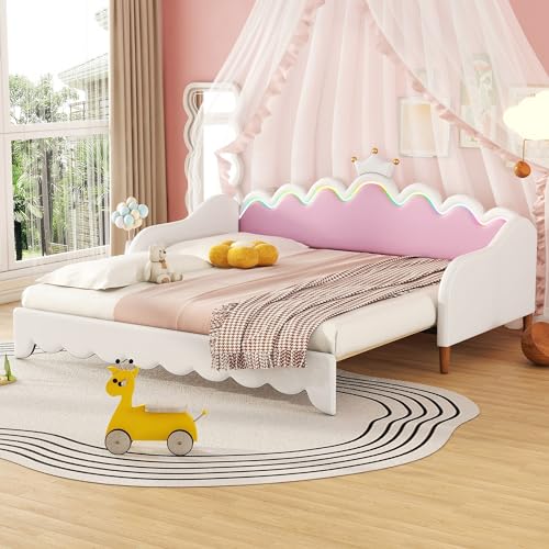 Klwenas Maec Twin Size Extending Daybed with LED Lights, Modern Upholstered Princess Daybed with Crown Headboard