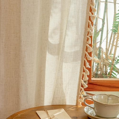 Image of MYSKY HOME Bohemian Linen Sheer Macrame Curtains 72 Inch Length, Back Tab Country Farmhouse Light Filtering Privacy Short Drapes for Bedroom Living Room, 50 inch Wx72 inch L, Linen, 2 Panels