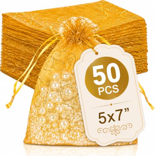 Image of XCLUSY 50PCS (13X18CM)(5x7 inchINCH) Potli Bags for Gifting - Multipurpose Wedding Return Gift Bags | Party Favour, Birthday, Anniversary, Festive Packing Pouches | Organza, Cloth, Brocade, Fancy Luxury Goodie Bags (ORANGE PRINTED, 1 Count(Pack of 50))