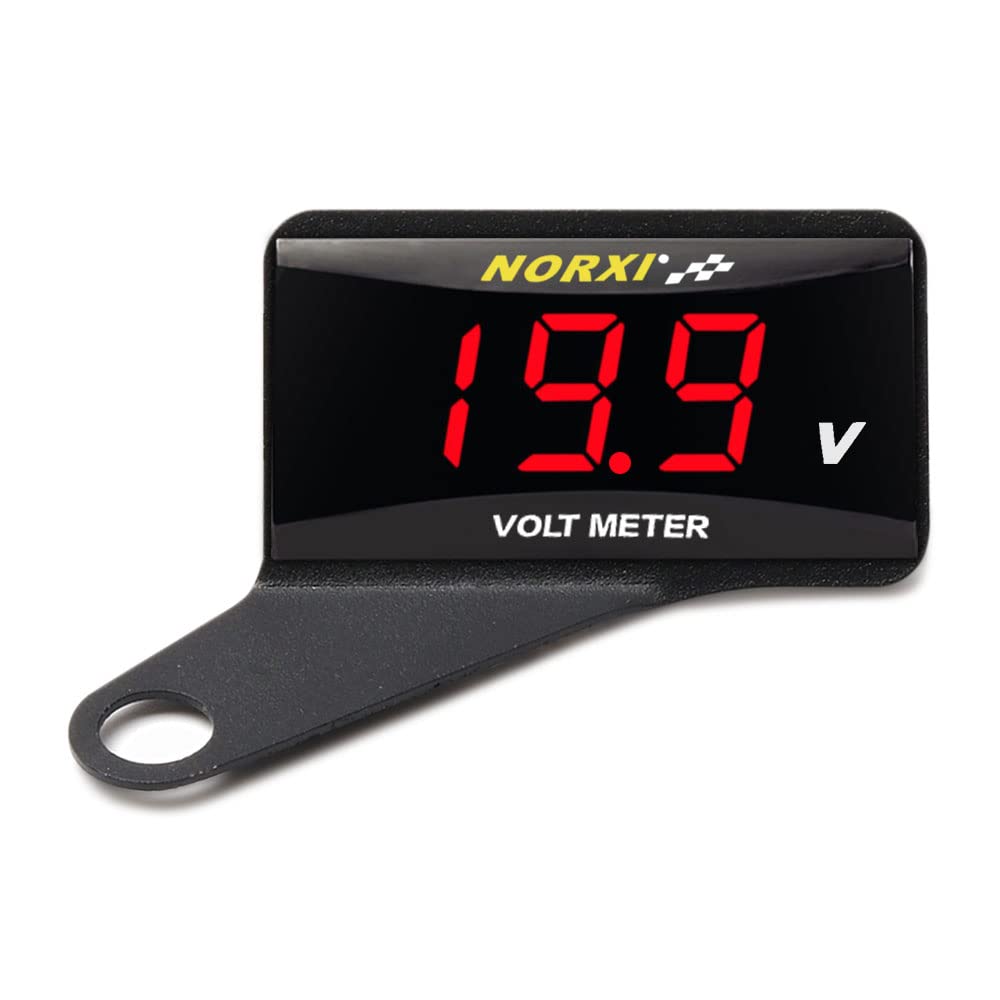 Motorcycle Digital Voltmeter DC 12V Voltage Meter Waterproof Volt Meter for Car Motorcycle with Low Voltage Alarm Function (Red with Left Bracket)