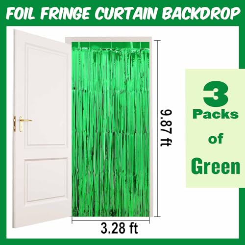 Image of 3 Pack Green Foil Fringe Curtains Backdrop, 3.28 x 9.8 Ft Metallic Streamers Tinsel Curtains Background for Photo Booth, Birthday, Halloween, Christmas, Thanksgiving, New Year Party Decorations