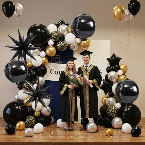 Image of 6pcs 22 inch Black Star Balloons and Black 4D Large Foil Balloons, Foil Star Spike Balloon 4D Ball Balloon For Graduation Birthday Baby Shower Party Wedding Anniversary Father's Day Retirement Decor