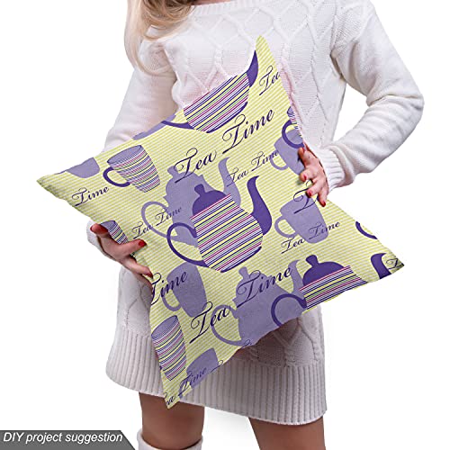 Image of Ambesonne Tea Party Fabric by The Yard, Striped Teapots Cups Silhouettes Classical Calligraphy Pattern, Decorative Fabric for Upholstery and Home Accents, 2 Yards, Yellow Lavender