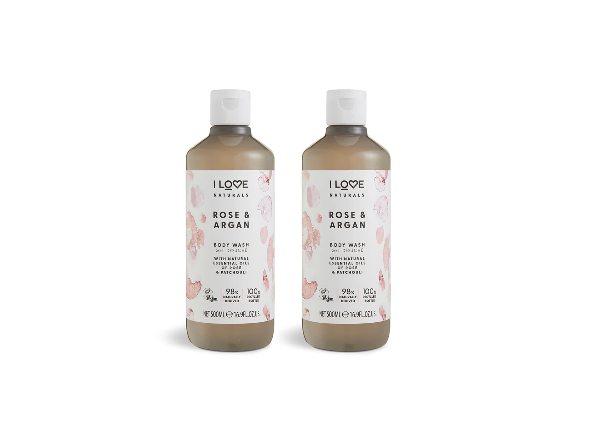 I Love Naturals Rose & Argan Body Wash with Natural Oils of Rose & Patchouli – Essential Oil-Infused Moisturising Shower Gel for Soft, Smooth Skin – Vegan & Cruelty-Free 2 x 500ml
