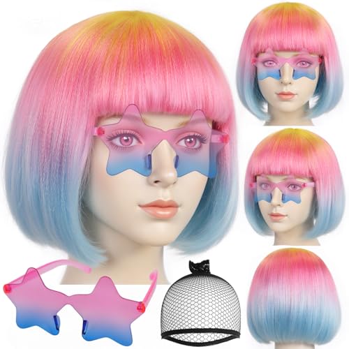 Image of ANOGOL Hair Cap + (Sunglasses) Yellow Pink Blue Gradient Bob Wig with Bangs Womens Party Wigs with Star-Shaped Glasses Short Neon Wig Daily Party Fun Wigs Women Halloween Costume Bachelorette Hair