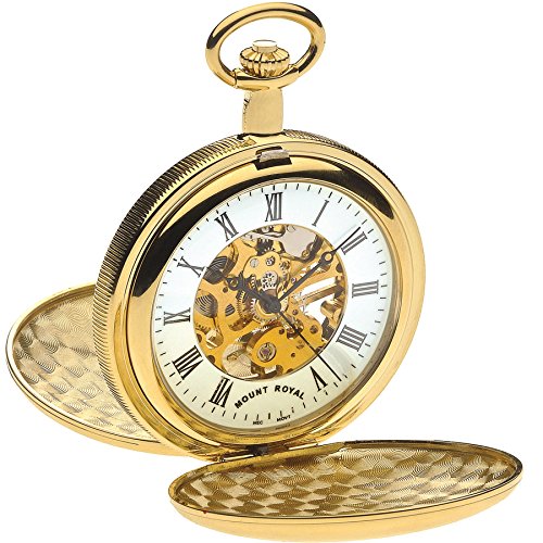 I LUV LTD Skeleton Full Double Hunter Pocket Watch Gold Plated Polished - 17 Jewel - Presentation Box