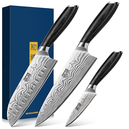 HOSHANHO 3-teiliges Messerset, Professionelles Küchenmesserset aus Pulverisiertem Kohlenstoffstahl, Ultrascharfe Messer für Die Küche mit Eleganter...