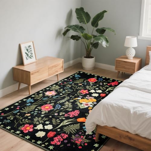 Tapete Asrug Floral Negro 91x152 cm Antideslizante miniatura 3