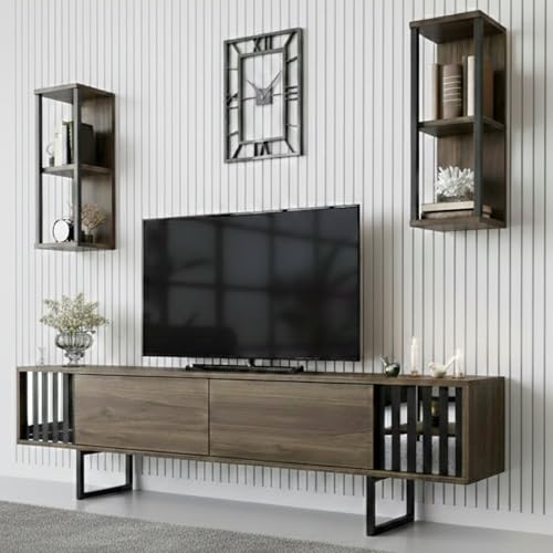 MOBILE PORTA TV - Credenza da soggiorno, Armadio basso per TV, Base parete attrezzata, 180x30h48 cm, Noce e Nero