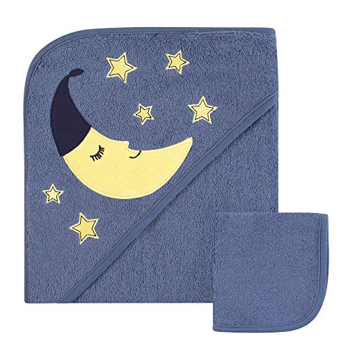Image of Hudson Baby Unisex Baby Cotton Hooded Towel and Washcloth, Moon, One Size