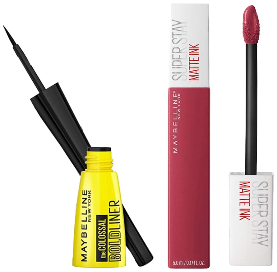 New York Super Stay Matte Ink Liquid Lipstick, 80 Ruler, 5Ml And Maybelline New York Colossal Bold Eyeliner, Black, 3G