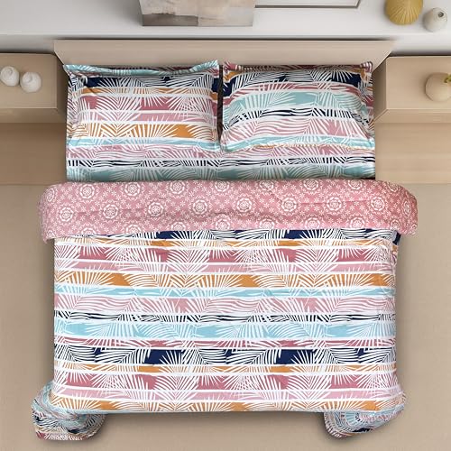 Image of Signature Reversible Super Soft Double Bed Comforter /Quilt Set 350GSM 88x90 inches, and Fitted Elastic Bed Sheet with Pillow Covers (Stripes with Vibes, Comforter Set)