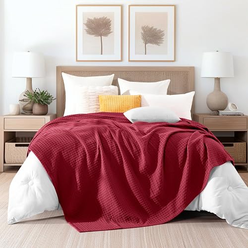 Image of Elegant Comfort Premium 100% Cotton Waffle Blanket - Lightweight Breathable Waffle Weave Bed Blanket - Soft and Warm All Season Blanket for Couch, Sofa and Bed, TwinXL Size 68x90 Inches, Burgundy