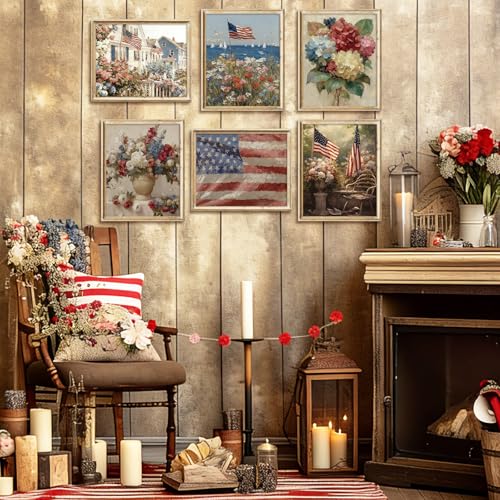Image of Whaline 9 Pcs Patriotic Wall Art Prints Paper Posters American Flag Floral Oil Painting Pictures for 250th Anniversary 4th of July Independence Day Home Office Gallery Party Decor, Unframed