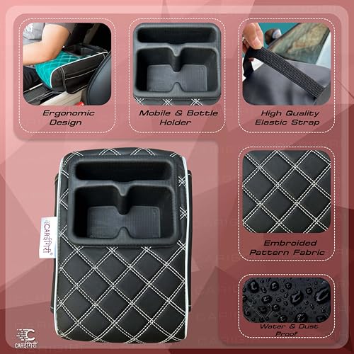Image of Carigiri Nappa Leatherette,Foam ComfiRest Pro Car Armrest Cushion with Cup Holder| Arm Cushion| Universal for All Cars| Armrest with Mobile Holder (White,Utility Pockets,Dual Cup Holder,Mobile Holder)