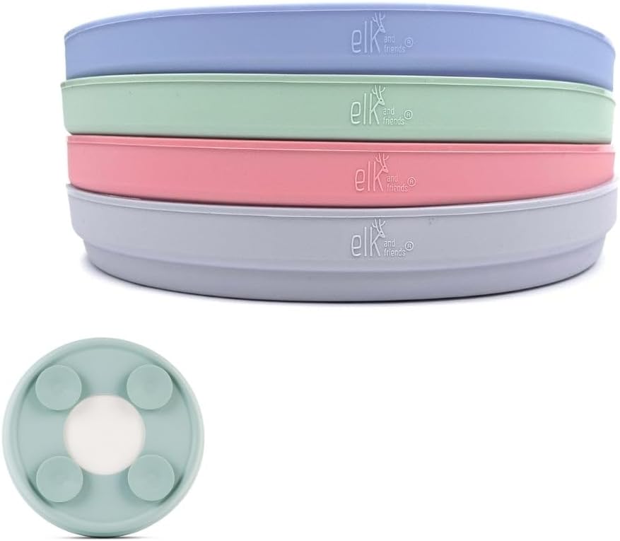 Elk and Friends Kids 7.8” Porcelain Plate Silicone Suction Sleeves | Microwave & Dishwasher Safe Blush/Lilac/MistyBlue/Sage 7.8" Plate Suction Sleeve