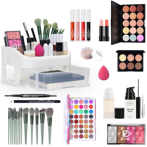 All in One Makeup Kit for Travel - Complete Set With Organizer, Eyeshadow Palette, Foundation, Concealer, Lipstick, Sponges, Eyebrow Pencil for Girls, Teenagers, Beginners
