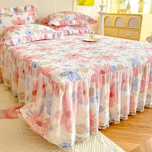 Homxi Bajeras,120 x 200 CM,Colcha Cama Matrimonio Algodón Patrón de Flores y Hojas con Encaje Bordado Fundas Bajeras Cama Rosa